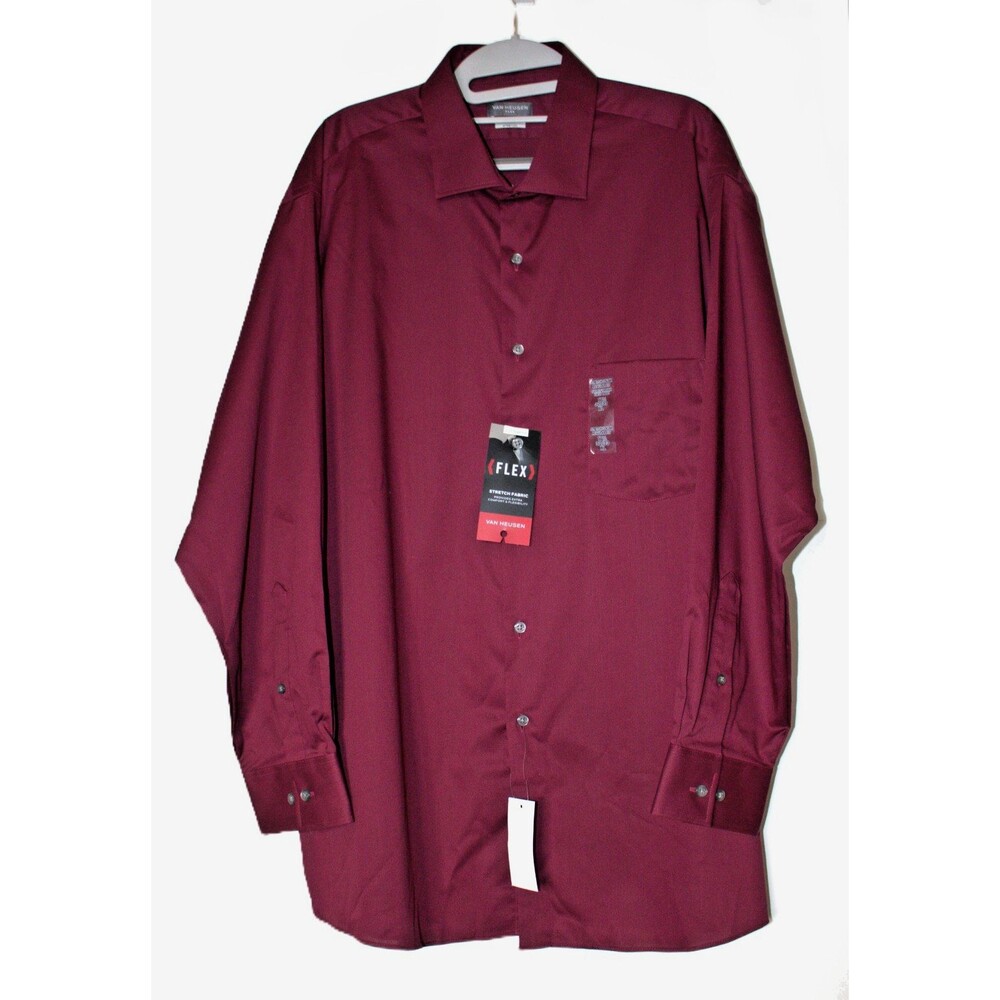Van Heusen Flex Shirt‎ XL Mens 17 1/2 Burgundy Pocket Long Sleeve Button Up NWT